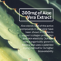 Close-up of aloe vera leaves with text about Aloe Gorgeous: Vegan Collagen-Boosting Powder by Ora Organic—contains 300mg aloe vera extract to support skin elasticity and organic collagen, with plant-based, vegan-friendly formula sourced from Mexico.