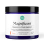 A blue container of Ora Organic Magnificent: 4-in-1 Magnesium Powder, tangerine flavor, 30 servings. This vegan supplement supports muscle recovery and sleep with four forms of magnesium listed on its label.