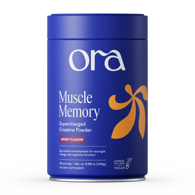 A blue cylindrical container of Ora Organic Muscle Memory: Supercharged Creatine Powder, Berry Flavor, with orange accents. The vegan, Informed Sport certified creatine monohydrate supports strength, energy, recovery, and cognition. 30 servings.