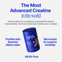 A blue container of Ora Organic Muscle Memory: Supercharged Creatine Powder is shown, labeled as The Most Advanced Creatine in the World, with Informed Sport certification, Bavarian Alpine water purification, micronization, and muscle recovery support.