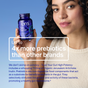 A person holds a blue jar of Ora Organic Trust Your Gut: High Potency Pre + Probiotic Capsules against a light blue background. Text highlights “4x more prebiotics than other brands” and supports high potency and microbiome recovery.