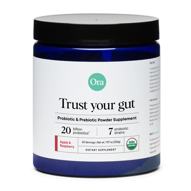 A blue jar with a black lid, Ora Organic’s Probiotic & Prebiotic Powder Supplement has 20 billion probiotics, 7 strains, prebiotics for digestion and immune support, apple & raspberry flavor, and is USDA organic.