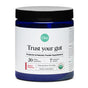 A blue jar with a black lid, Ora Organic’s Probiotic & Prebiotic Powder Supplement has 20 billion probiotics, 7 strains, prebiotics for digestion and immune support, apple & raspberry flavor, and is USDA organic.