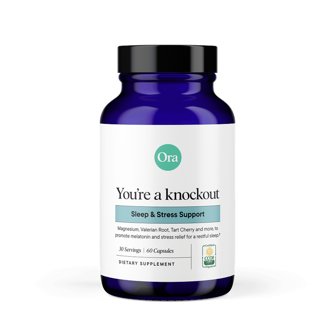Ora Organic You're a Knockout: Natural Sleep Support Capsules (60 count) offer melatonin-free sleep and stress relief with magnesium, valerian root, and organic tart cherry.