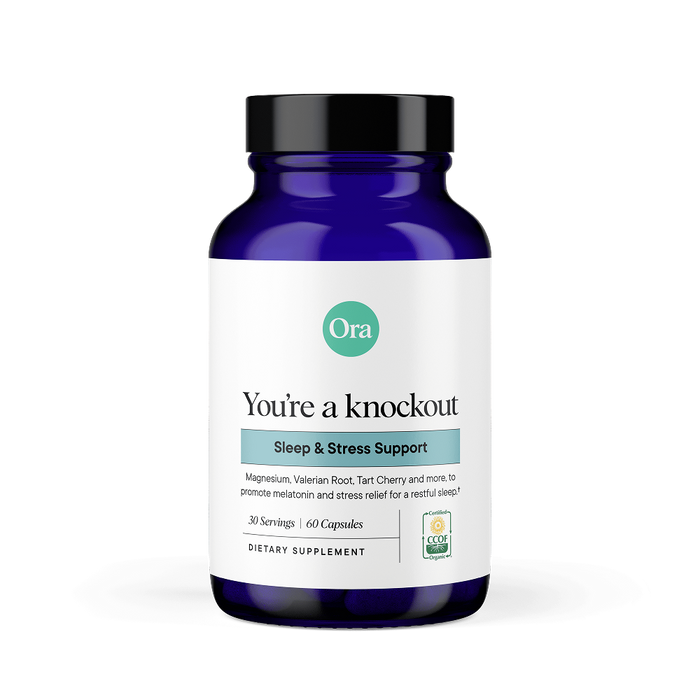 Ora Organic You're a Knockout: Natural Sleep Support Capsules (60 count) offer melatonin-free sleep and stress relief with magnesium, valerian root, and organic tart cherry.