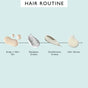 Four UpCircle hair products in order—Scalp + Hair Oil with Bacuri Butter and Castor Oil, shampoo crème, conditioner crème, and hair serum—each crafted with natural ingredients to support healthy hair growth. The products appear as smears or drops on a light blue background labeled HAIR ROUTINE.