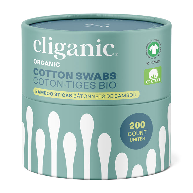 A round teal container of Cliganic Organic Cotton Swabs Bamboo Cotton Swabs features white swab illustrations, “200 count,” hypoallergenic claim, and bilingual English-French labeling. Eco-friendly with bamboo sticks.