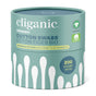 A round teal container of Cliganic Organic Cotton Swabs Bamboo Cotton Swabs features white swab illustrations, “200 count,” hypoallergenic claim, and bilingual English-French labeling. Eco-friendly with bamboo sticks.