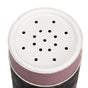 Close-up of the top of Chagrin Valley Soap & Salve's Dry Hair Shampoo: Dark Hair, a cylindrical organic dry shampoo shaker with a white lid featuring small dispensing holes; part of its pink and dark label is visible.