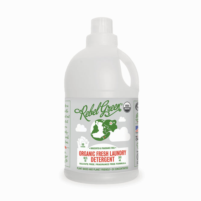 A white bottle labeled Rebel Green Fresh Laundry Detergent Liquid - 3x Concentrated, featuring organic and gentle ingredients.