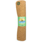 The Yoloha Yoga Original Cork Yoga Mat, crafted from renewable materials, is shown rolled up with a circular leaf logo on top and a green label around the middle featuring a sun, mountains, water, and a small sprout. This non-slip yoga mat blends eco-friendly design with reliable grip for your practice.