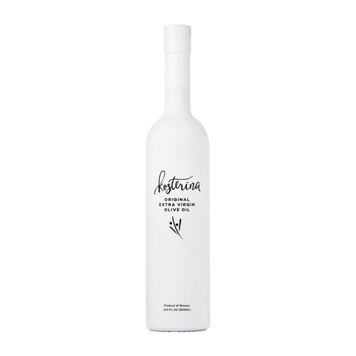 A tall white bottle of Kosterina Original Extra Virgin Olive Oil features minimalist black text and a small olive branch illustration on the front.