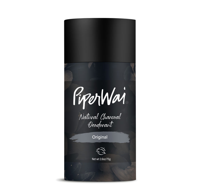 The PiperWai Natural Deodorant Stick features a cylindrical design with a black cap and label showing the brand name and product details. This Original formula, enriched with activated charcoal, provides natural odor protection and weighs 2.5oz/75g.