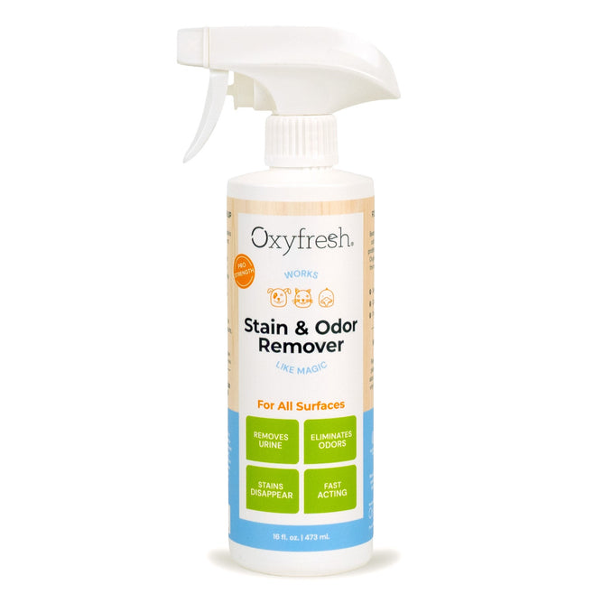 A white spray bottle of Oxyfresh All-Surface Pet Stain & Odor Eliminator, a powerful cleaner that removes stains and urine odors from all surfaces fast; contains 16 fl. oz. (473 ml).