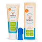 A tube of Oxyfresh Pet Dental Gel + Fingerbrush Kit is shown next to its box and a blue fingerbrush. The packaging promotes dental care for dogs and cats—cleansing teeth, removing plaque, freshening breath, and being flavor-free.