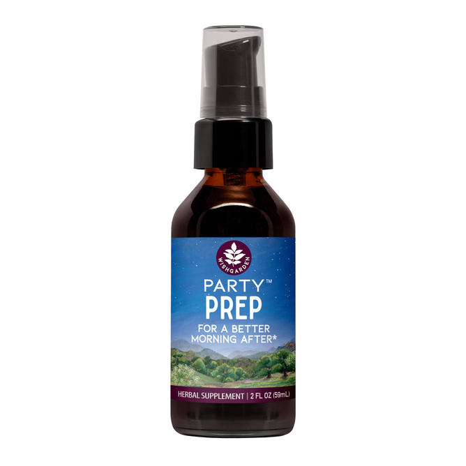WishGarden Herbs’ Party Prep is a 2 fl oz brown bottle herbal supplement with pump top and blue-green landscape design, offering natural liver support to help you feel better the morning after your next celebration.
