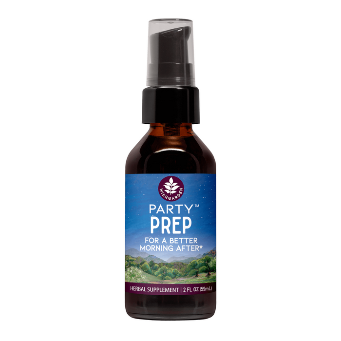 WishGarden Herbs’ Party Prep is a 2 fl oz brown bottle herbal supplement with pump top and blue-green landscape design, offering natural liver support to help you feel better the morning after your next celebration.