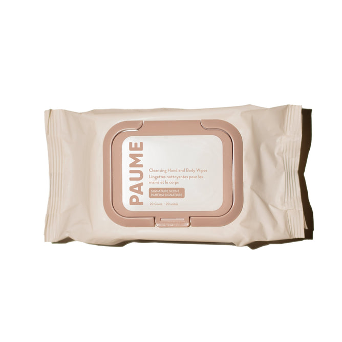 A package of PAUME Hand and Body Cleansing Wipes, alcohol-free and moisturizing, beige with a rectangular resealable lid and minimalist text, shown against a white background.