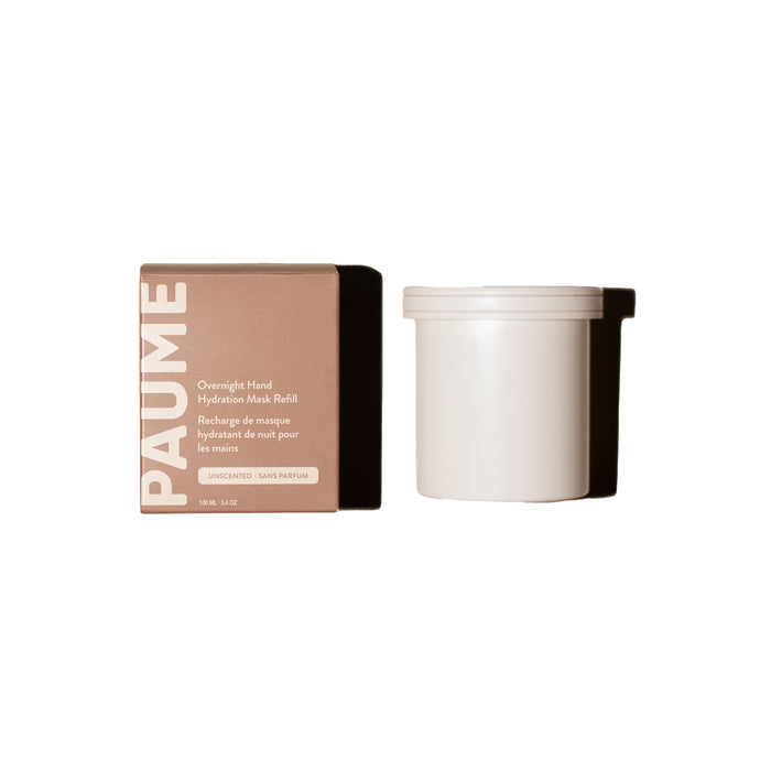 A brown box labeled PAUME Overnight Hand and Foot Hydration Mask Refill stands beside a plain white container with a lid—both designed for dry, cracked skin—set against a white background.