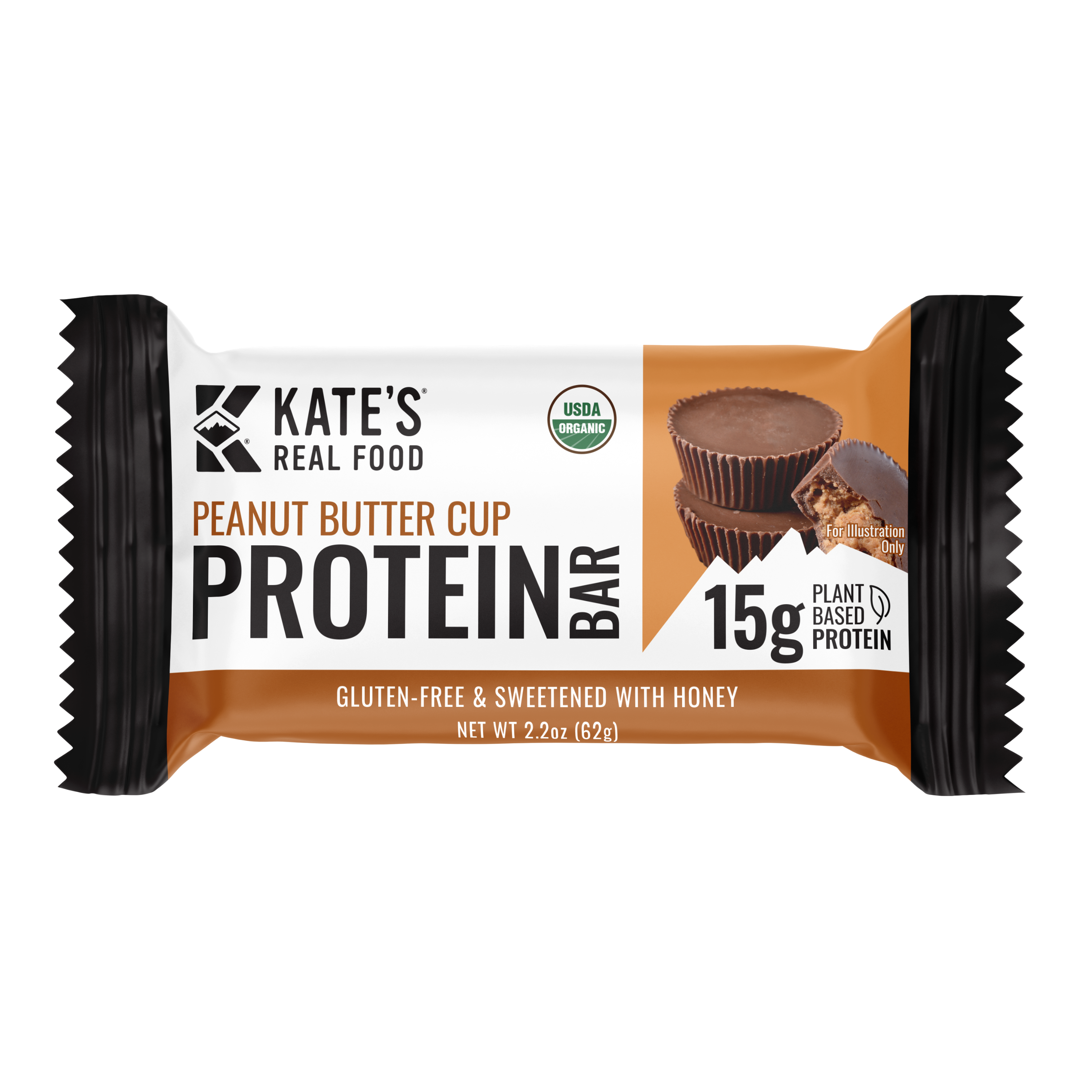The Organic Protein Bar - Peanut Butter Cup by Kates Real Food comes in brown and white packaging with two peanut butter cup images. It offers 15g plant-based protein, is USDA organic, gluten-free, made from whole-foods, and sweetened with honey.