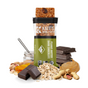 A Kate’s Real Food Organic Energy Bar - Peanut Butter Dark Chocolate is displayed in its wrapper, surrounded by oats, peanuts, chocolate pieces, honey, dried apricots, and peanut butter—showcasing this sustainably-sourced energy snack.