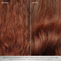 Close-up of hair before and after Innersense Organic Beauty Repair Mask: left side shows frizzy, damaged strands with split ends; right side reveals smoother, shinier, healthier-looking hair.