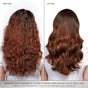 Split image shows the back of a woman’s head: left side with frizzy, damaged hair and split ends; right side with smoother, shinier, more defined waves after using Innersense Organic Beauty Repair Mask.