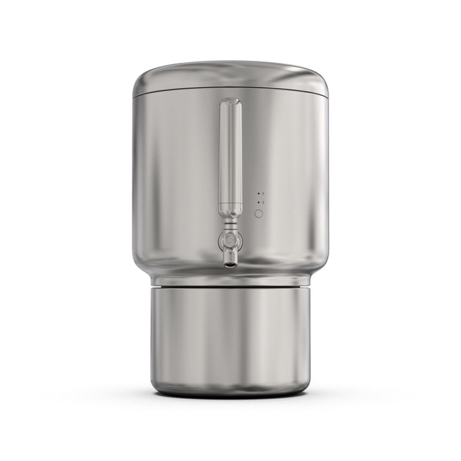 The Rorra Countertop System by Rorra is a cylindrical stainless steel water filtration system dispenser with a spigot and a removable lower container, NSF tested to remove lead, shown photographed against a plain white background.