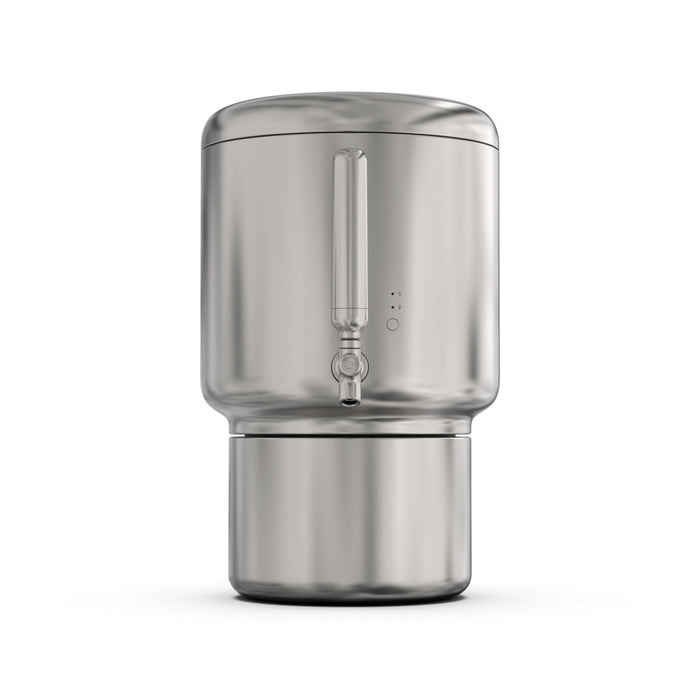 The Rorra Countertop System by Rorra is a cylindrical stainless steel water filtration system dispenser with a spigot and a removable lower container, NSF tested to remove lead, shown photographed against a plain white background.