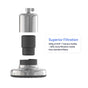 Exploded view of the Rorra Filtered Showerhead by Rorra, displaying its three separated components, with a note stating: Superior Filtration—features 240g of KDF plus Calcium Sulfite, providing 30% more filtration media than standard filters for enhanced chlorine reduction.