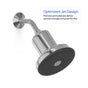 The Rorra Filtered Showerhead by Rorra features a stainless steel body with a black nozzle, wall-mounted for convenience. A text box reads: Optimized Jet Design. Precision-protruded jets provide optimal coverage and powerful flow, while the built-in shower water filter effectively reduces chlorine, delivering a cleaner and healthier shower experience.