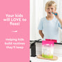 A young child brushes their teeth at a sink, while a bag of Radius Kids EcoFlex™ Refill Bag sits on the counter. The image text encourages helping kids build healthy routines with these sustainable kids floss picks.