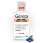 A 6 fl oz (177 mL) bottle of GENEXA Cough & Chest Congestion, maximum strength, dye-free and organic blueberry flavor for adults, is shown with blueberries and a green leaf at the base.