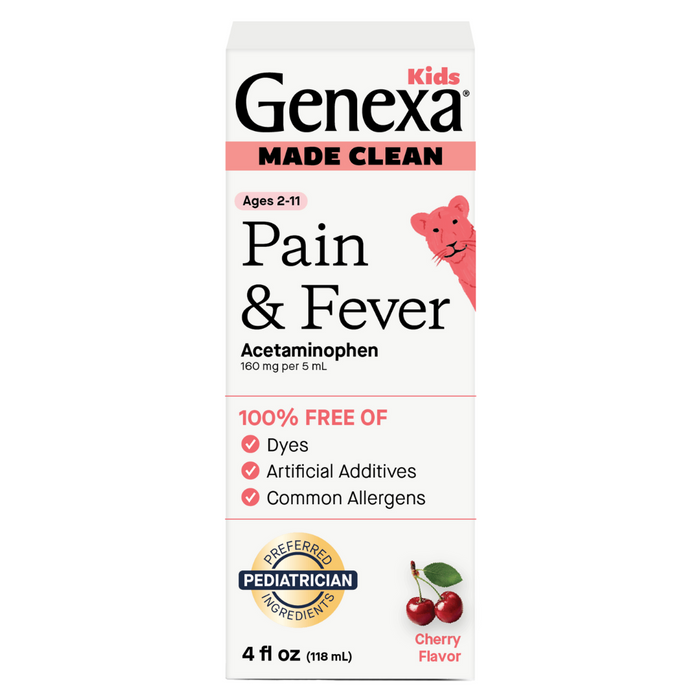 GENEXA Kids Pain and Fever, 4 fl oz cherry suspension for ages 2-11, is 100% free of dyes, artificial additives, and common allergens. Packaging features cherries and a smiling thermometer.