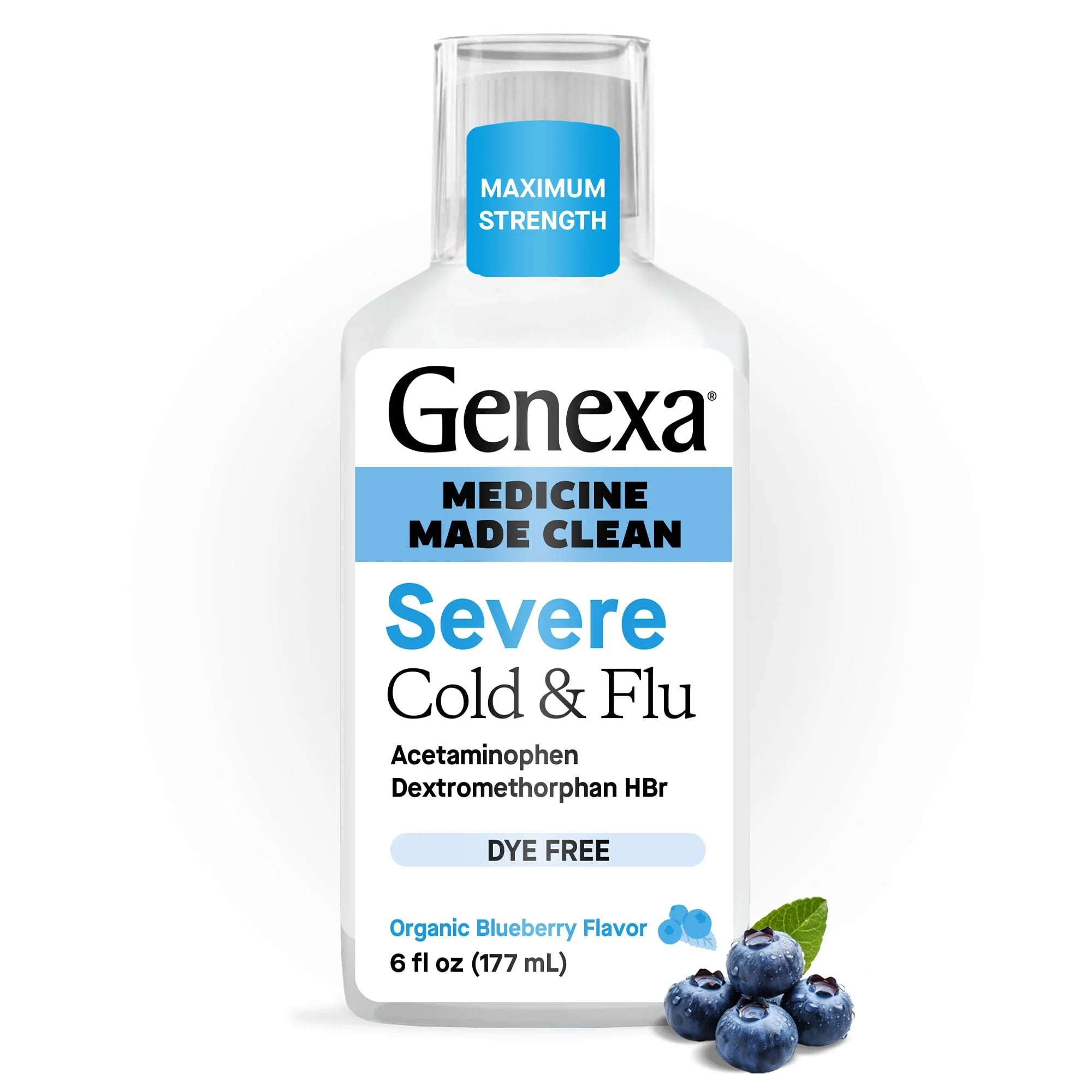 A bottle of GENEXA Daytime Severe Cold & Flu, labeled Medicine Made Clean and Maximum Strength, in organic blueberry flavor (dye-free, 6 fl oz), is shown with fresh blueberries—ideal for daytime relief.