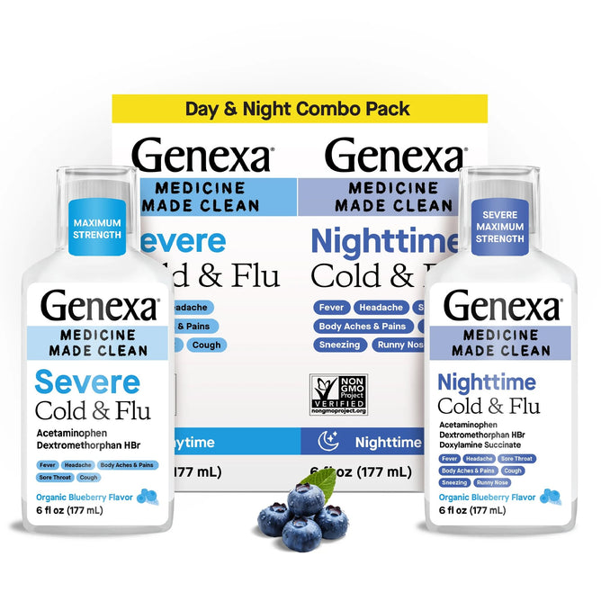 Two bottles of GENEXA Daytime & Nightime Severe Cold & Flu Combo Pack are shown in front of their box with blueberries, featuring labels that highlight organic blueberry flavor and clean medicine ingredients.