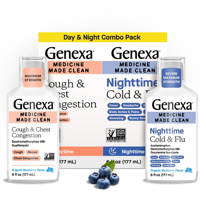 The GENEXA Daytime Cough & Chest Congestion + Nighttime Cold & Flu Severe Combo Pack shows both labeled bottles in front of the box, with fresh blueberries at the bottom.