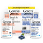 The GENEXA Daytime Cough & Chest Congestion + Nighttime Cold & Flu Severe Combo Pack shows both labeled bottles in front of the box, with fresh blueberries at the bottom.