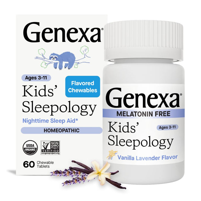 A bottle and box of GENEXA Kids Sleepology, a vanilla lavender chewable sleep supplement for ages 3-11. The packaging shows a sloth and highlights that it’s melatonin-free and homeopathic.