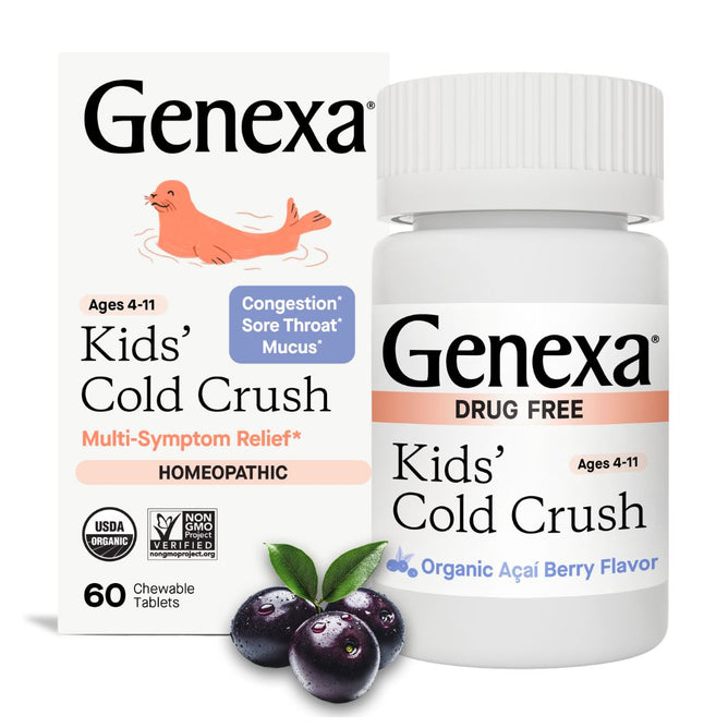 A bottle and box of GENEXA Kids Cold Crush kids cold medicine chewable tablets for ages 4-11, in organic açaí berry flavor. The white packaging features blue and orange text, berries, and a seal illustration.