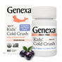 A bottle and box of GENEXA Kids Cold Crush kids cold medicine chewable tablets for ages 4-11, in organic açaí berry flavor. The white packaging features blue and orange text, berries, and a seal illustration.