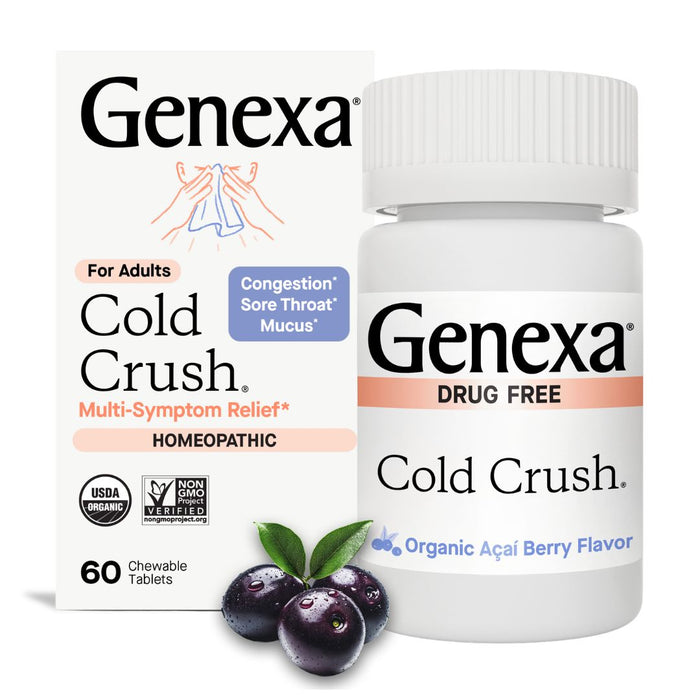 A box and bottle of GENEXA Cold Crush, a drug-free adult cold medicine in organic açaí berry flavor. The homeopathic packaging shows two açaí berries with a leaf and highlights relief for congestion and sore throat.