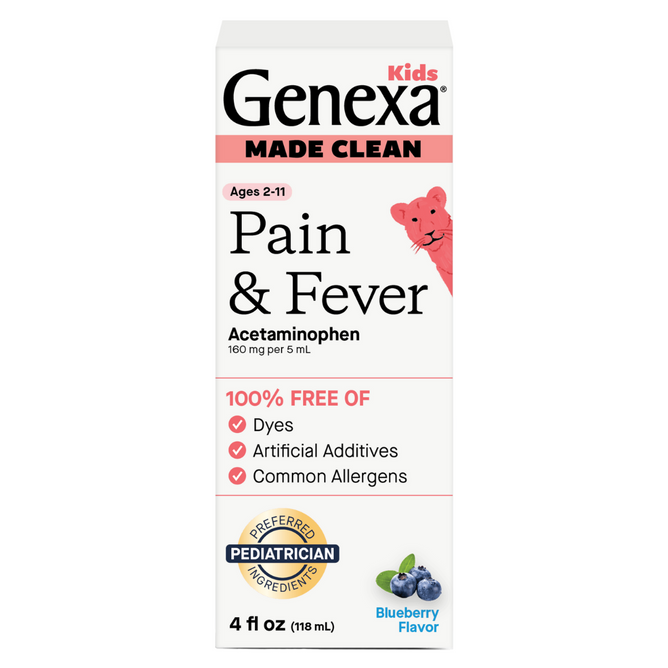 Front of the GENEXA Kids Pain and Fever box showing a pink cartoon animal, key info like acetaminophen, 100% free of dyes, artificial additives & common allergens, and blueberry flavor—gentle relief for children.