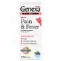 Front of the GENEXA Kids Pain and Fever box showing a pink cartoon animal, key info like acetaminophen, 100% free of dyes, artificial additives & common allergens, and blueberry flavor—gentle relief for children.