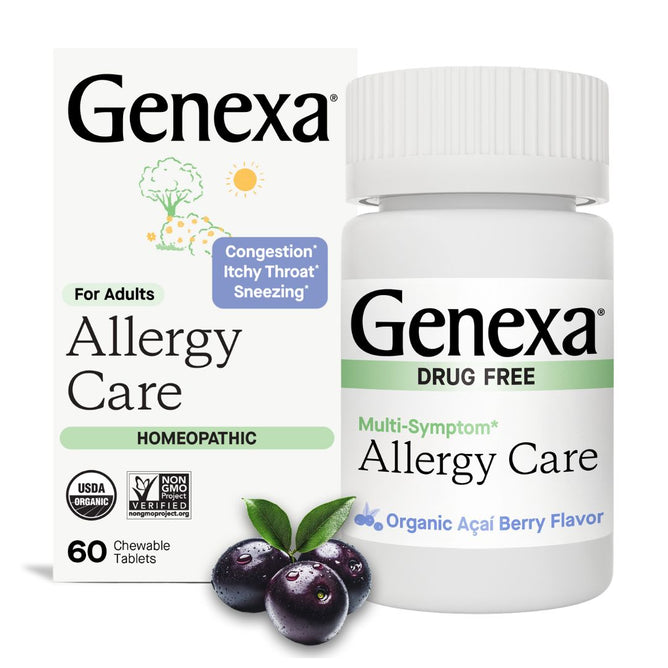 GENEXA Allergy Care for adults comes in a white bottle and box labeled Multi-Symptom* Allergy Care, Organic Açaí Berry Flavor. Blueberries and green leaves appear in the foreground. Dietary Supplement.