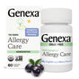 GENEXA Allergy Care for adults comes in a white bottle and box labeled Multi-Symptom* Allergy Care, Organic Açaí Berry Flavor. Blueberries and green leaves appear in the foreground. Dietary Supplement.