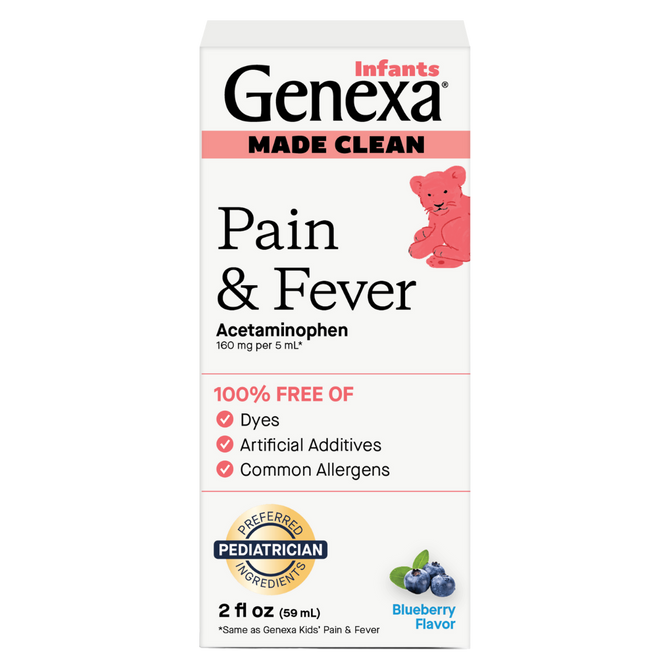 Front of a GENEXA Infants Pain and Fever box, labeled acetaminophen, 100% free of dyes, artificial additives, and common allergens. Blueberry flavor fever medicine for infants, 2 fl oz, features a cartoon teddy bear.