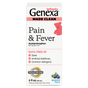Front of a GENEXA Infants Pain and Fever box, labeled acetaminophen, 100% free of dyes, artificial additives, and common allergens. Blueberry flavor fever medicine for infants, 2 fl oz, features a cartoon teddy bear.