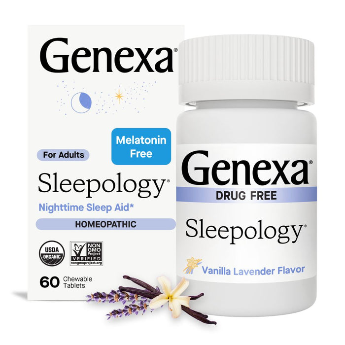A bottle and box of GENEXA Sleepology nighttime sleep aid, labeled drug free, melatonin free, homeopathic, in vanilla lavender flavor. Contains 60 chewable tablets with vanilla flower and lavender shown nearby.
