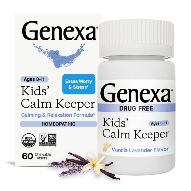 A white GENEXA Kids Calm Keeper bottle and box—chewable tablets for ages 3–11, vanilla lavender flavor—stand with a flower and vanilla pod in front. The label highlights this drug-free, homeopathic childrens calming supplement.